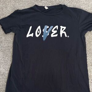 Black Graphic Tee with White and Blue Print